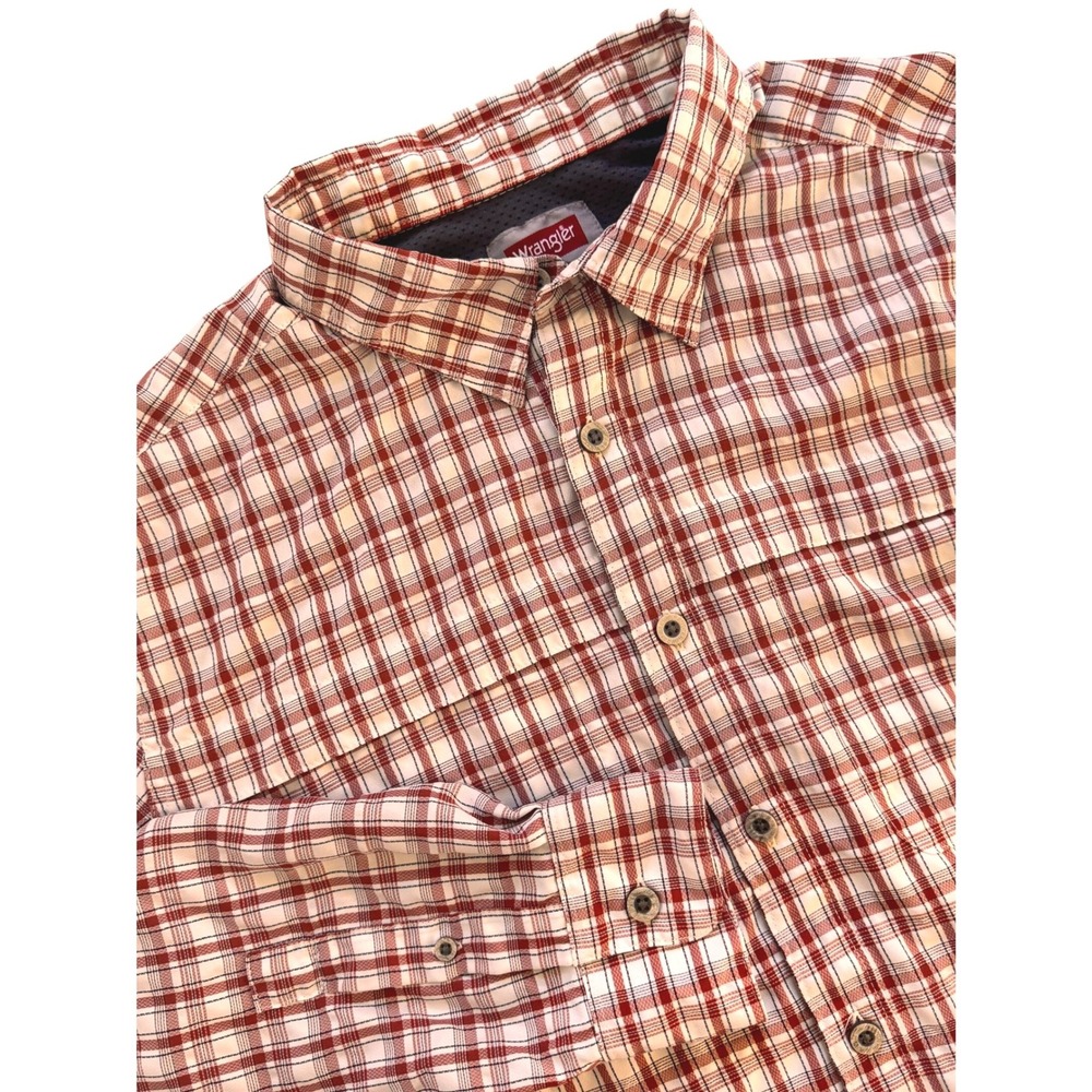 Wrangler Outdoor Series Mens Large Regular Fit Plaid Roll Tab Sleeve Shirt Redâ